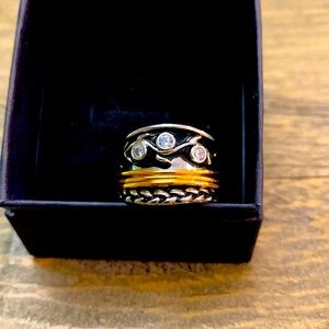 Statement 925 ring sz 5.5 with crystal & braided, gold over layered band accents